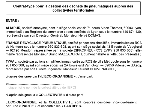 contrat type pour la gestion des dechets de pneumatiques