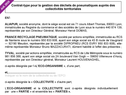 contrat type pour la gestion des dechets de pneumatiques